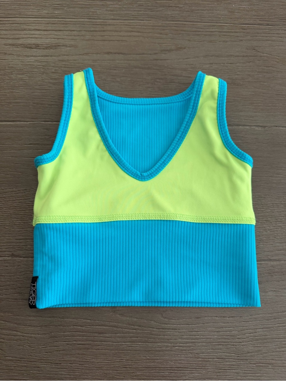 Tiger Friday Reversible Neon Yellow and Aqua Ribbed V-Neck Crop Top CM